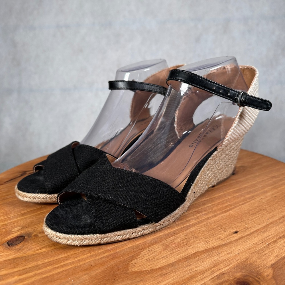 Lucky Brand Espadrille Wedge Sandals Women Size 10 Black Good Canvas Ankle Strap